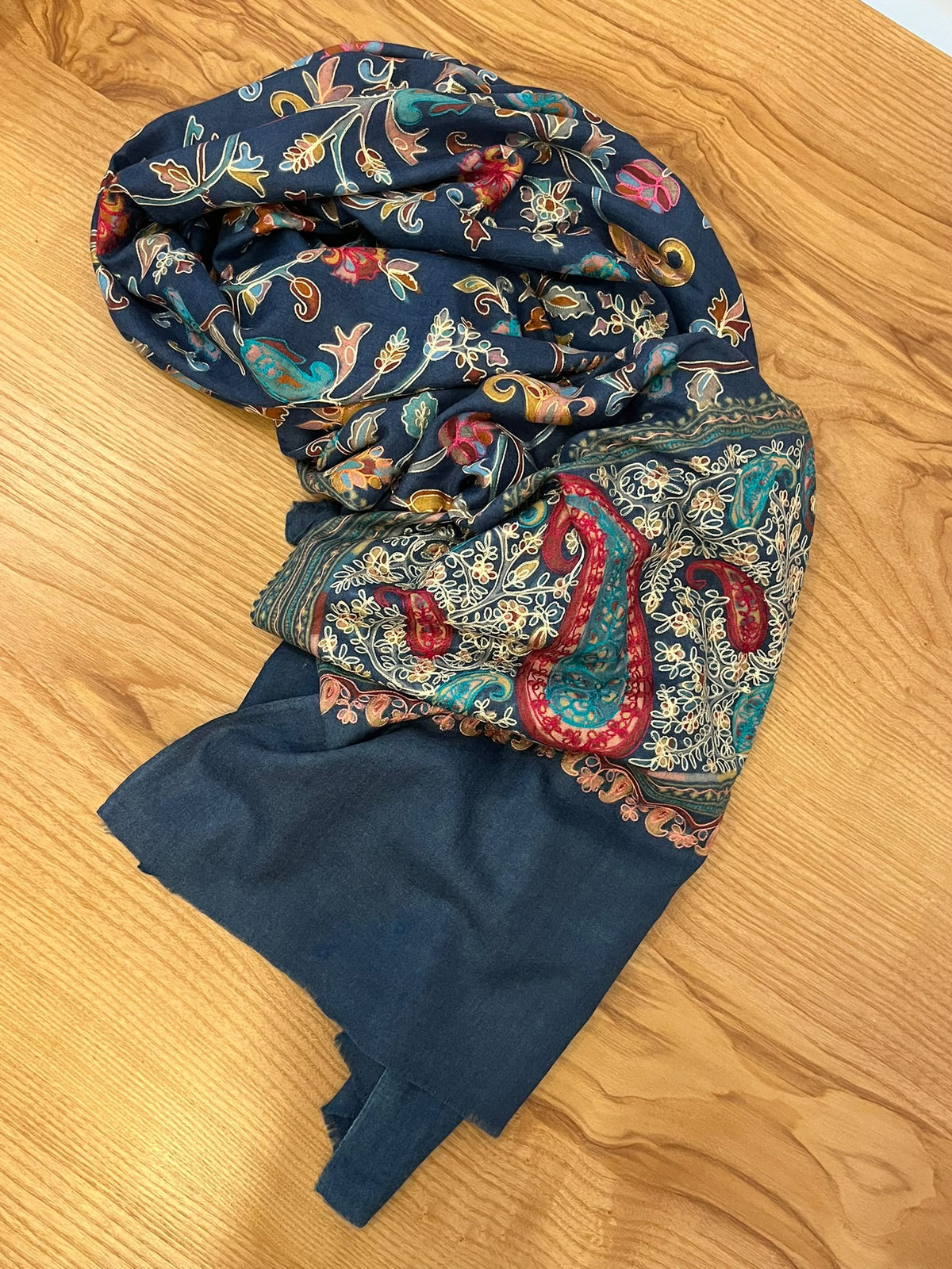 Índigo blue stole kalamkari pashmina