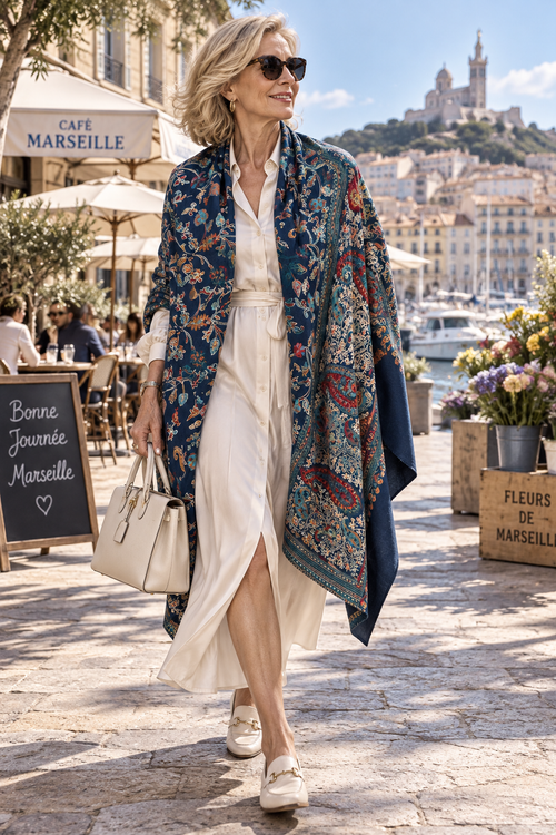 Índigo blue stole kalamkari pashmina