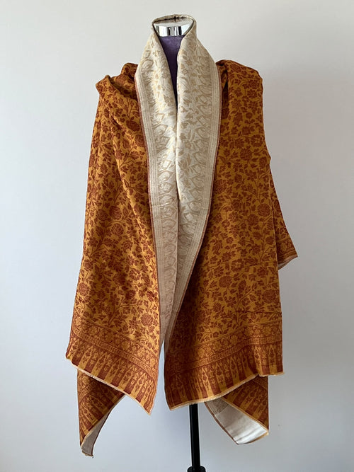 Mustard yellow Zari reversible Kani Jamawar Shawl